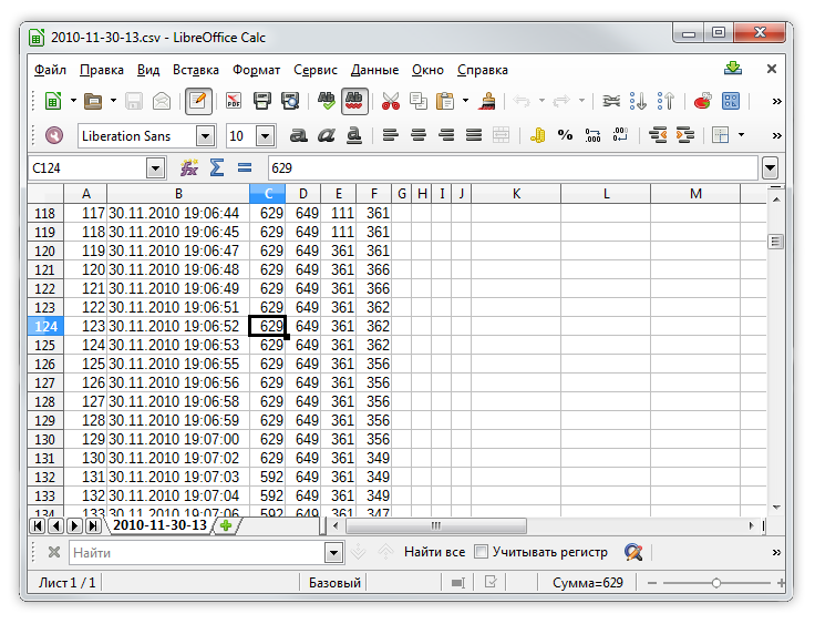 Полученные данные сохраняются в виде файла CSV, который затем может быть проанализирован при помощи табличного процессора.